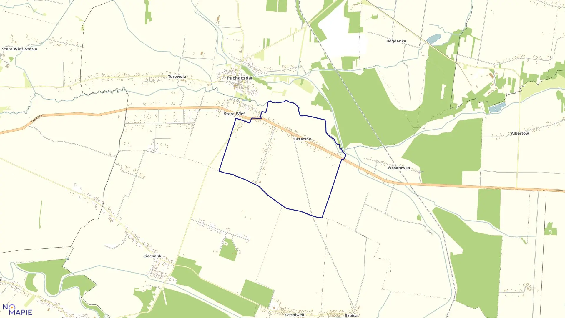Mapa obrębu Brzeziny w gminie Puchaczów